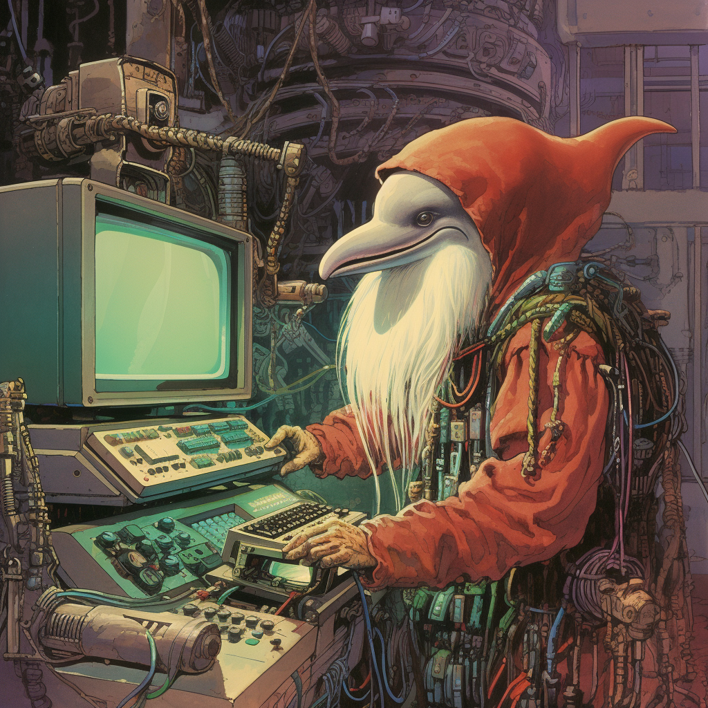 Dolphin computer hacker in Ralph Bakshi style