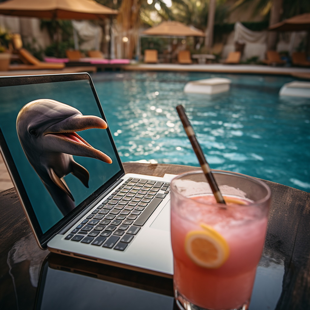 Dolphin enjoys laptop and tropical drink