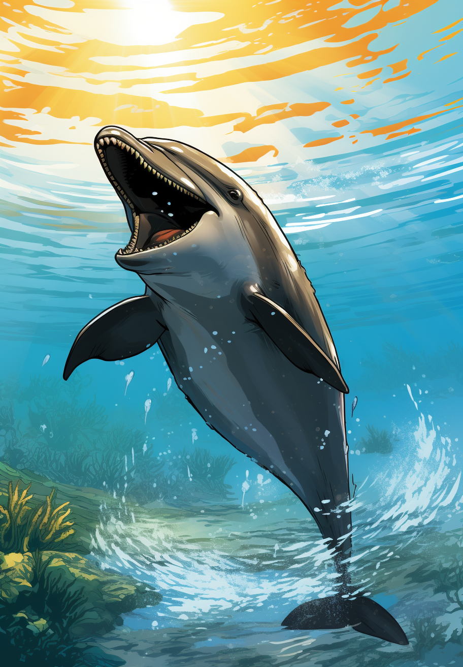 Playful dolphin conversing with chimpanzee in comic style