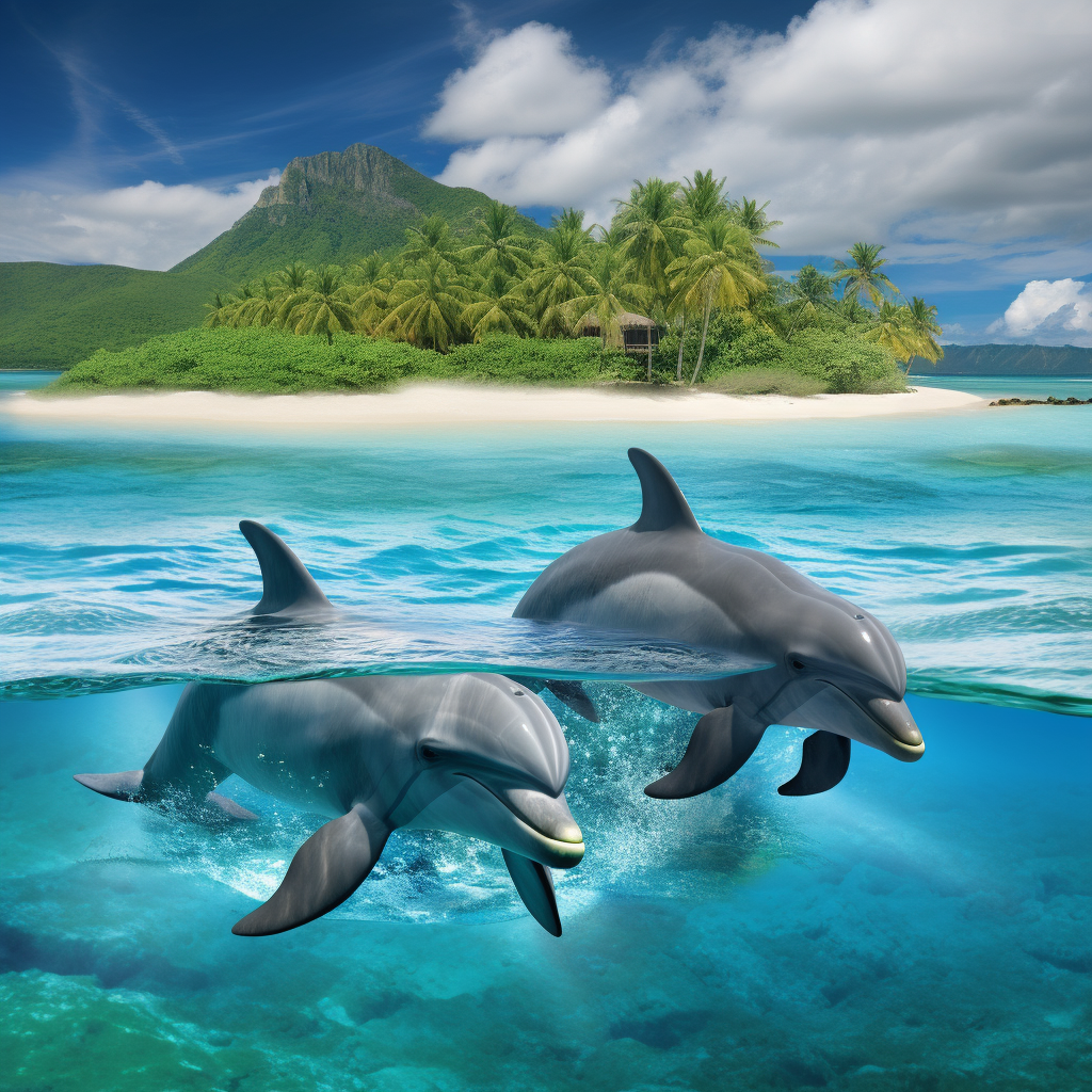 Two dolphins jumping in paradise