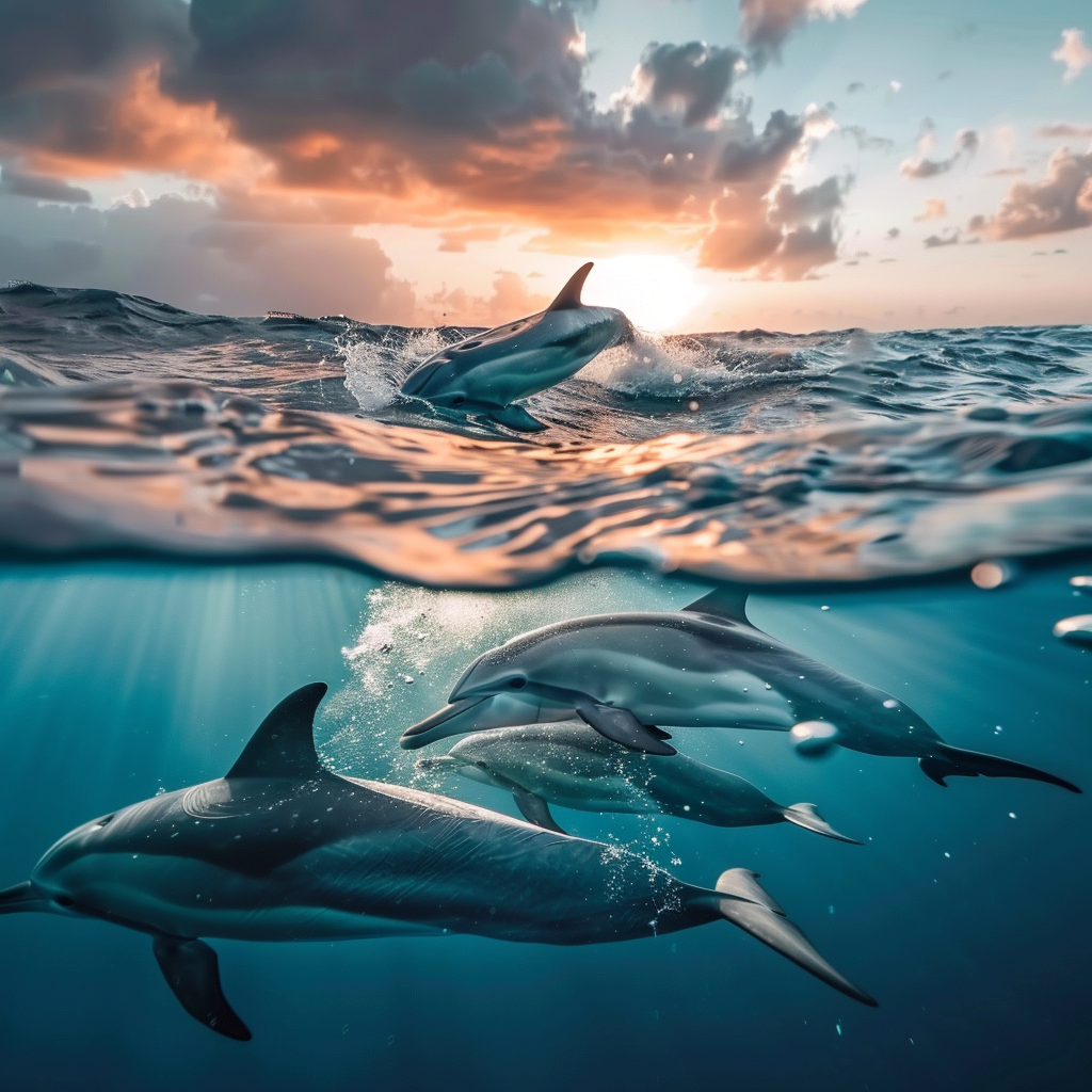 Dolphins in tropical seas at sunset