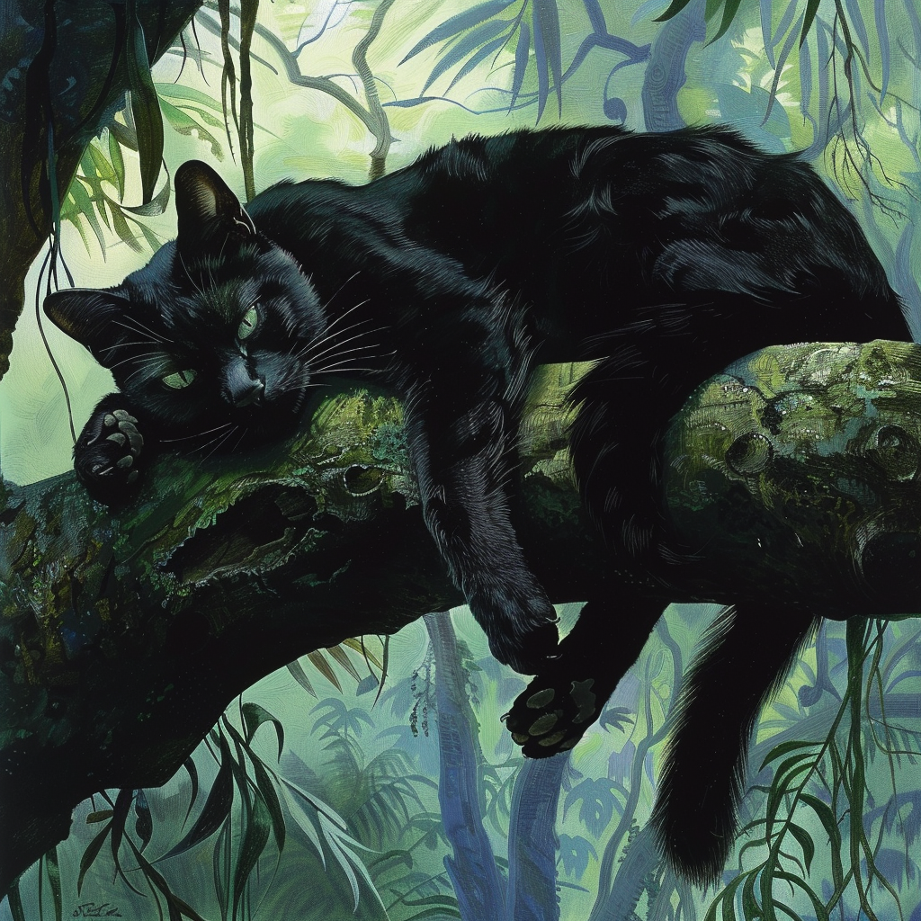 Black Cat Relaxing in Tree