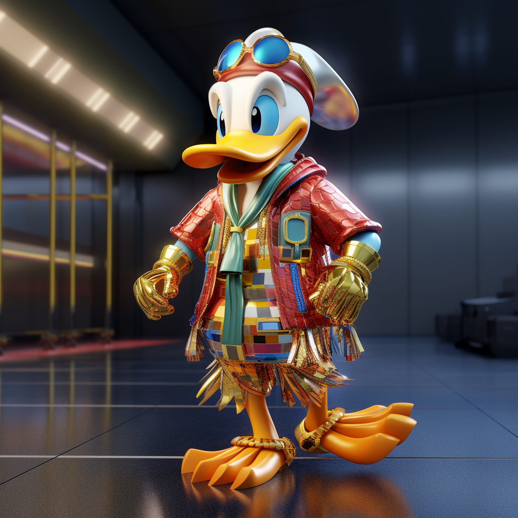 Donald Duck in rainbow maxi dress