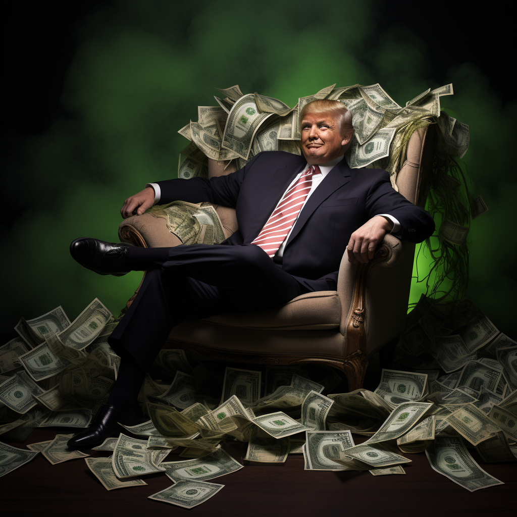 Donald Trump relaxing on a cash pillow