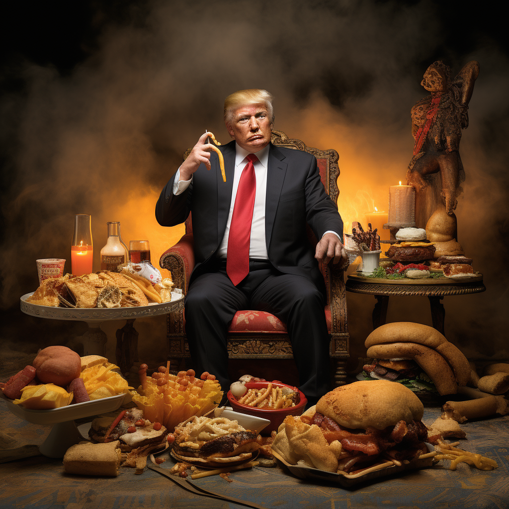 Donald Trump indulging in a loaded hot dog