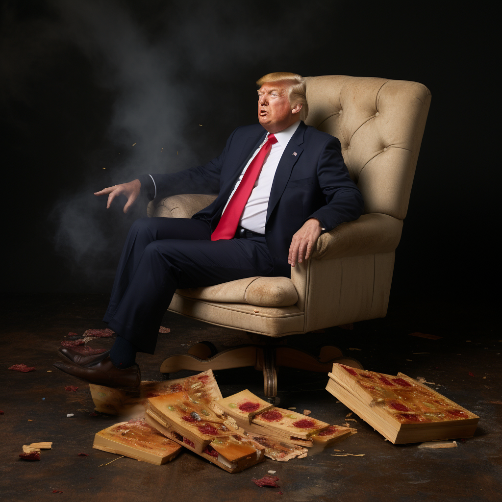 Donald Trump eating pizza in a comfy chair