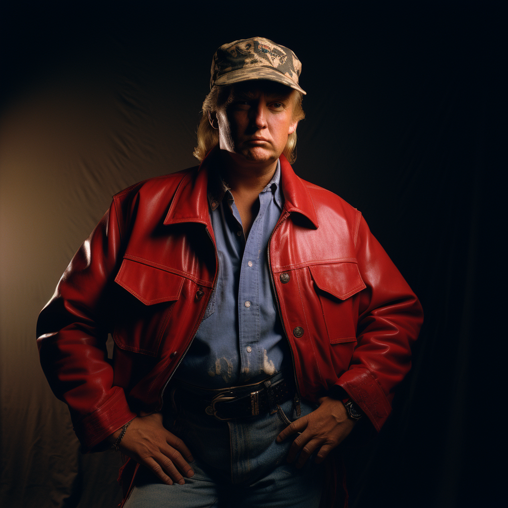 Donald Trump in iconic leather jacket and red bandana