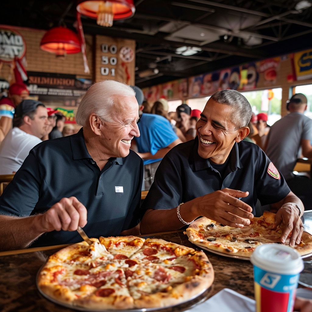 Donald Trump, Joe Biden, and Barack Obama sharing pizza