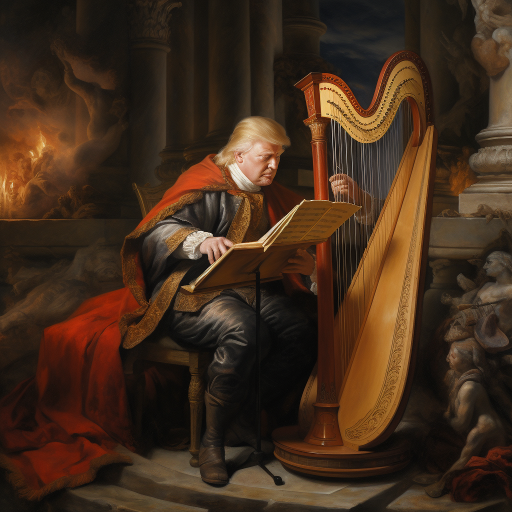 Donald Trump playing the harp for Louis 14