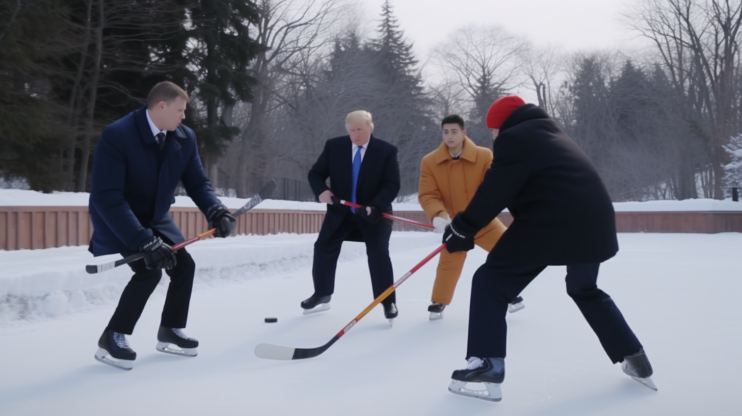 Donald Trump, Putin, Macron, and Kim Jong-un playing hockey