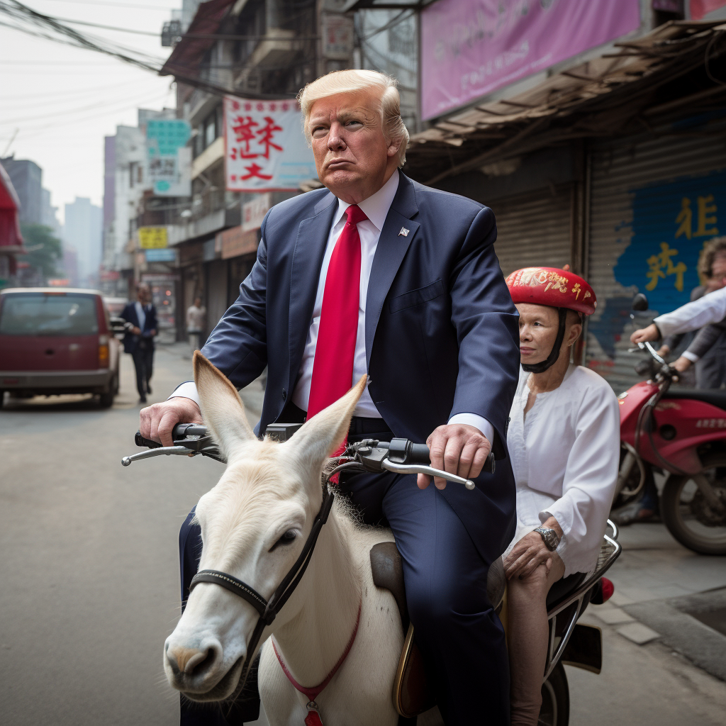 Donald Trump riding a donkey in Shanghai