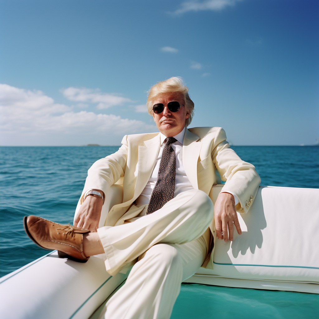 Donald Trump on a yacht with clear blue sea and sunshine