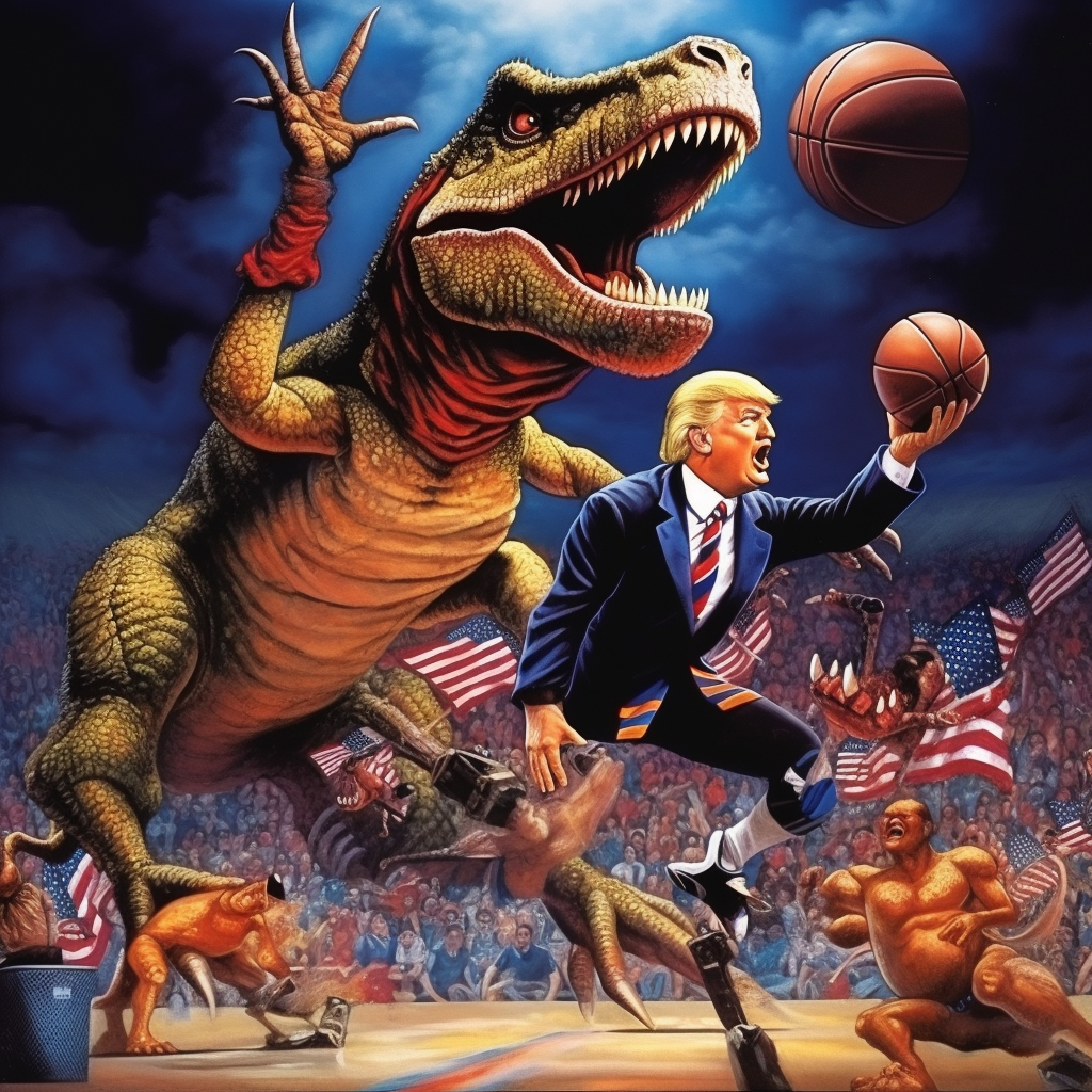 Donald Trump getting dunked on by a T-Rex