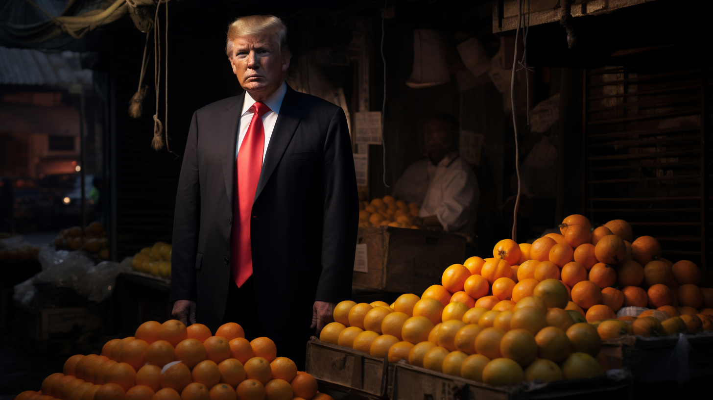 Donald Trump selling oranges outside Indian fruits store