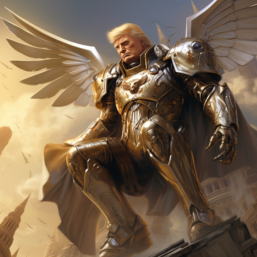 Donald Trump in silver armor with jetpack