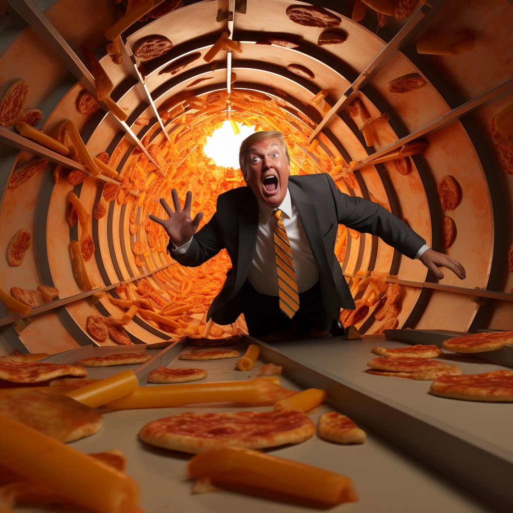 Donald Trump sliding through pizza tunnel