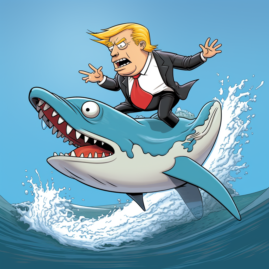 Donald Trump surfing on a shark