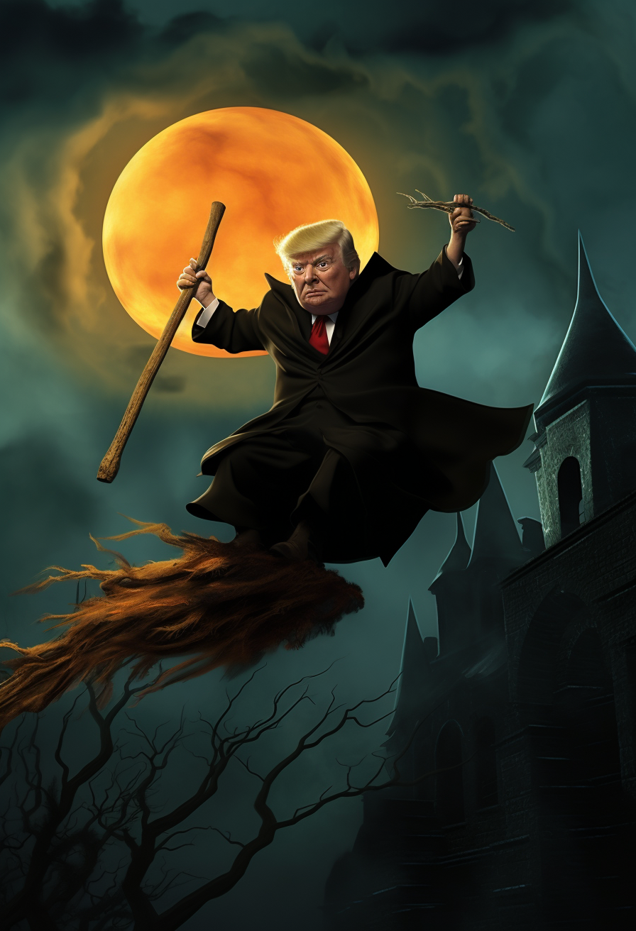 Donald Trump riding witch's broom