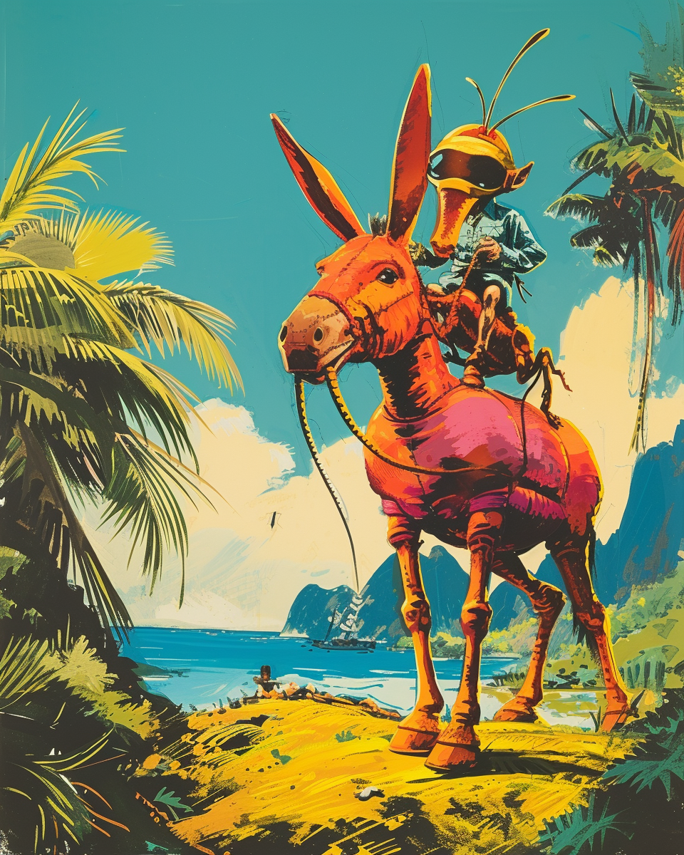 Donkey sitting on giant ant - retro illustration