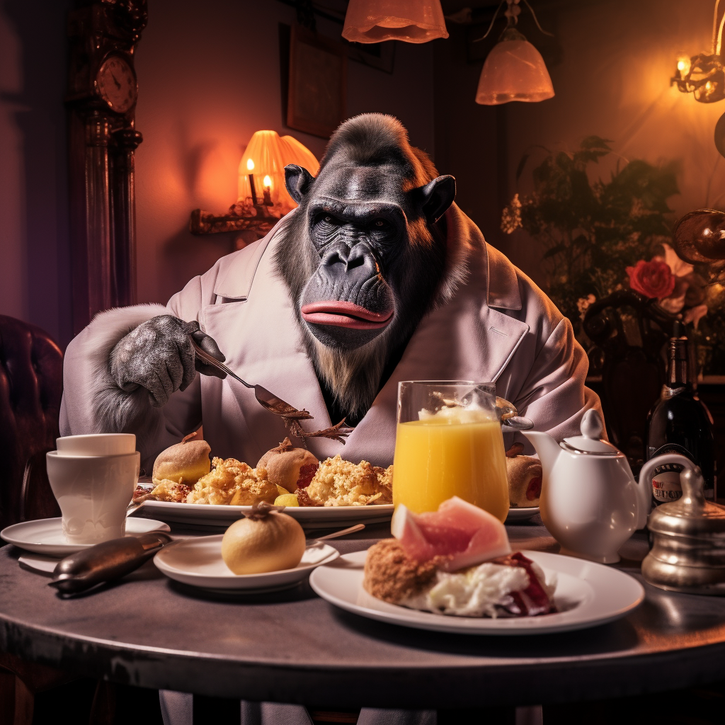 Donkey Gorilla Suit Eating Eggs Benedict