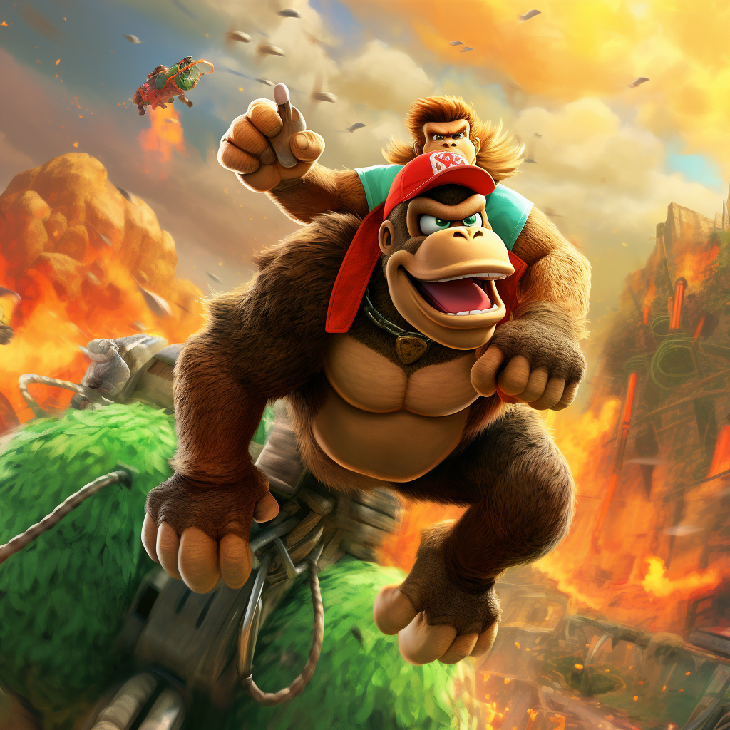 Colorful video game art of Donkey Kong riding Yoshi