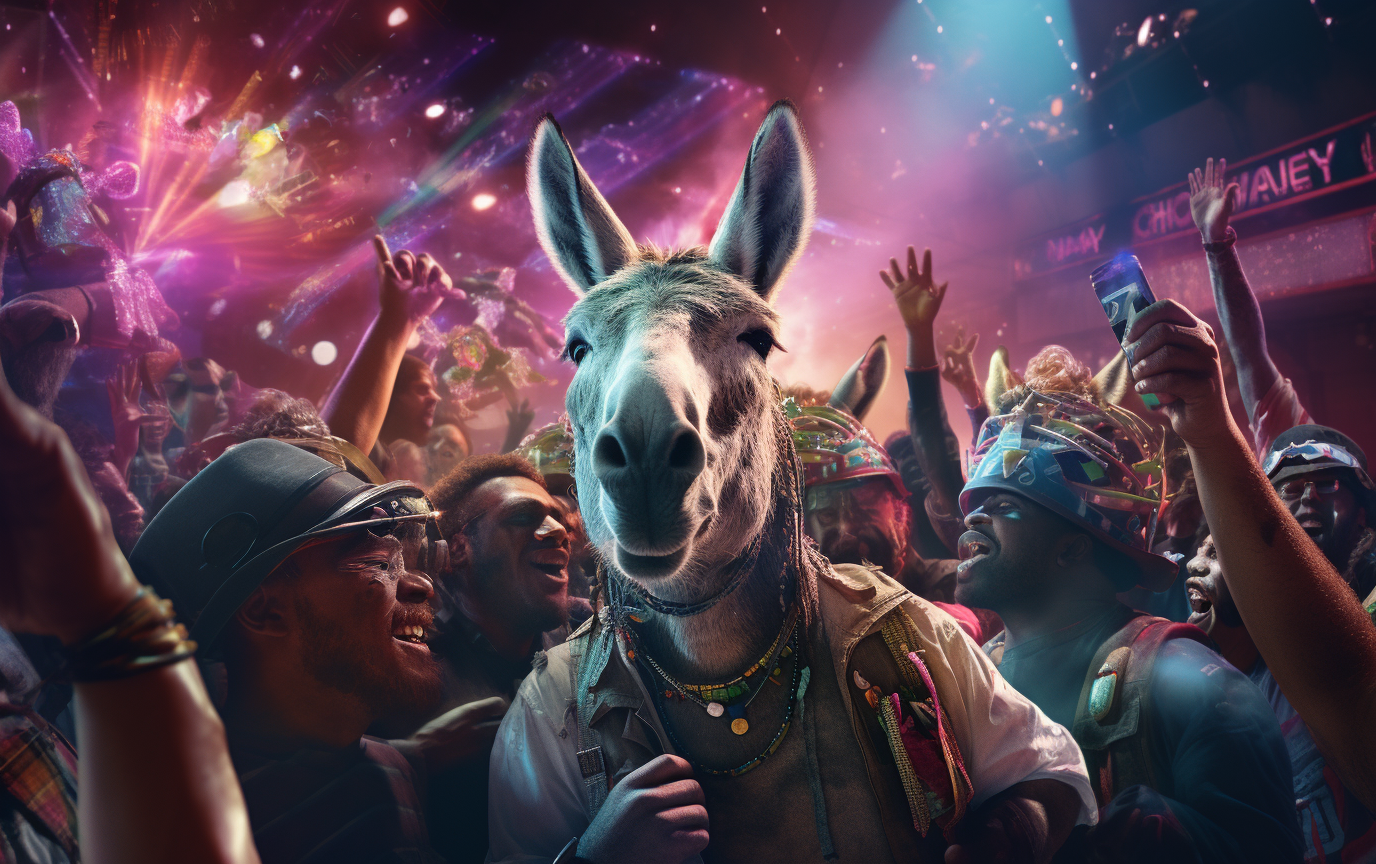 Joyful donkeys partying at a rave