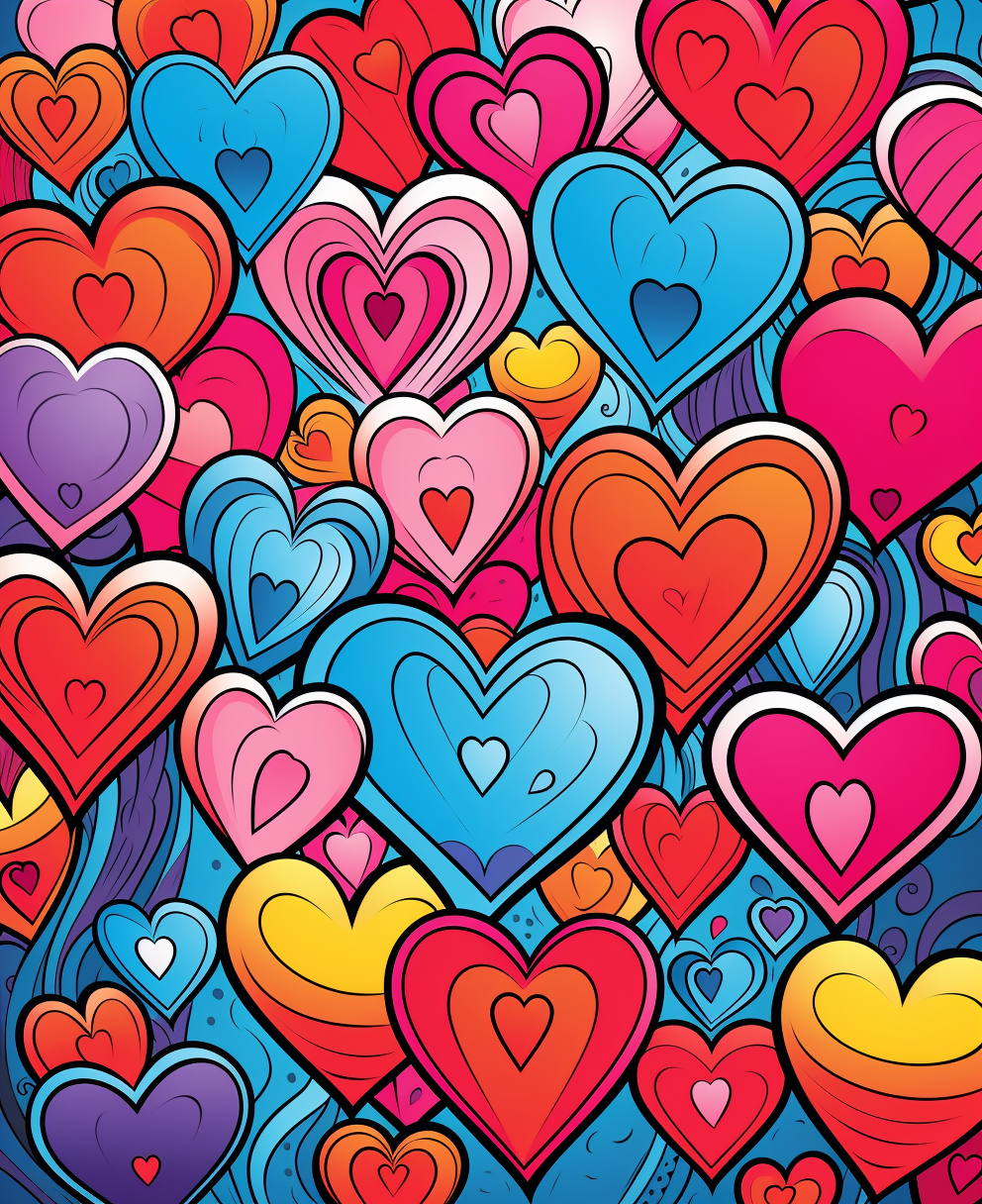 Coloring page with doodle-style hearts