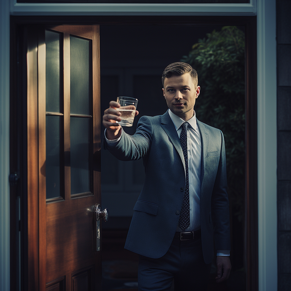 Door Salesperson with Glass of Water