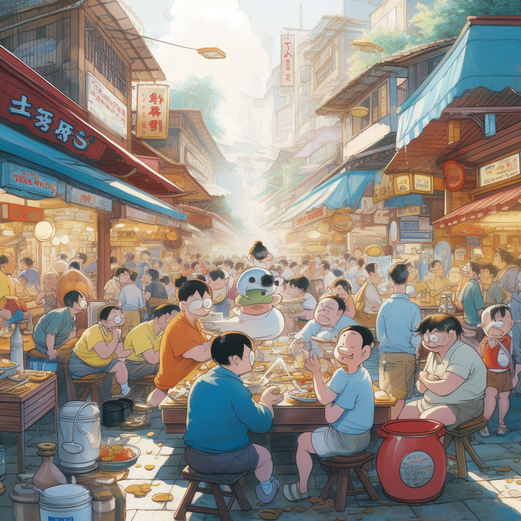 Illustration of Doraemon Eating Doupi in Chinese Marketplace