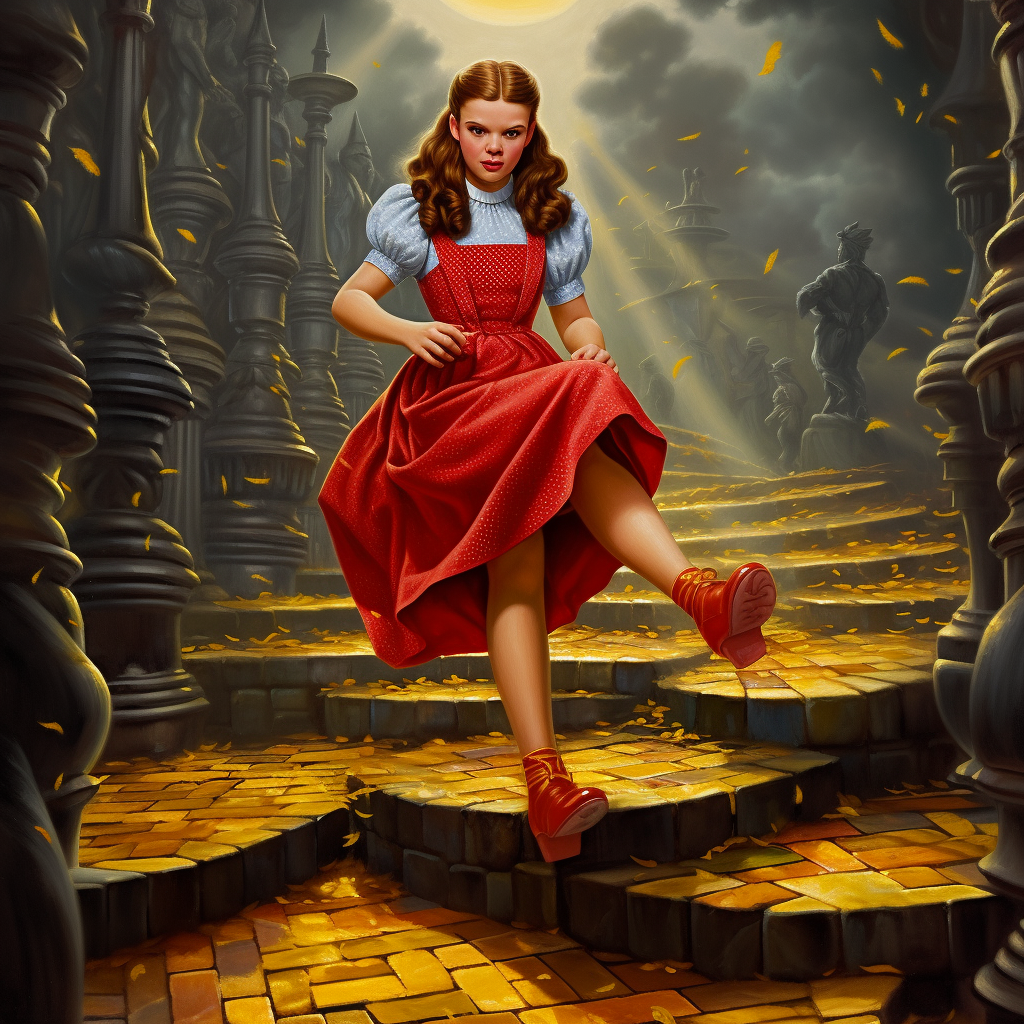 Dorothy skipping down yellow brick road