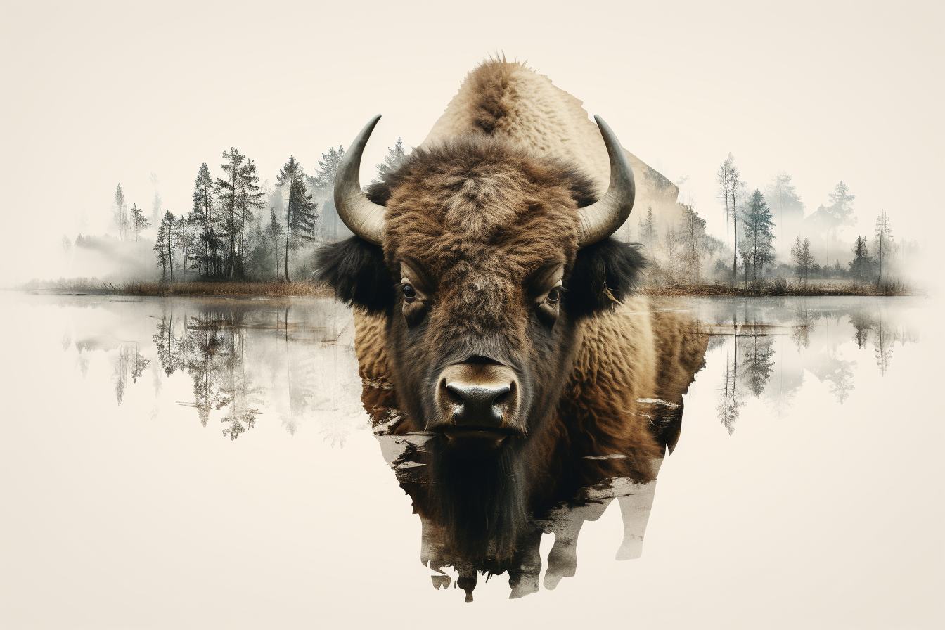 Buffalo in Double Exposure Nature Scene