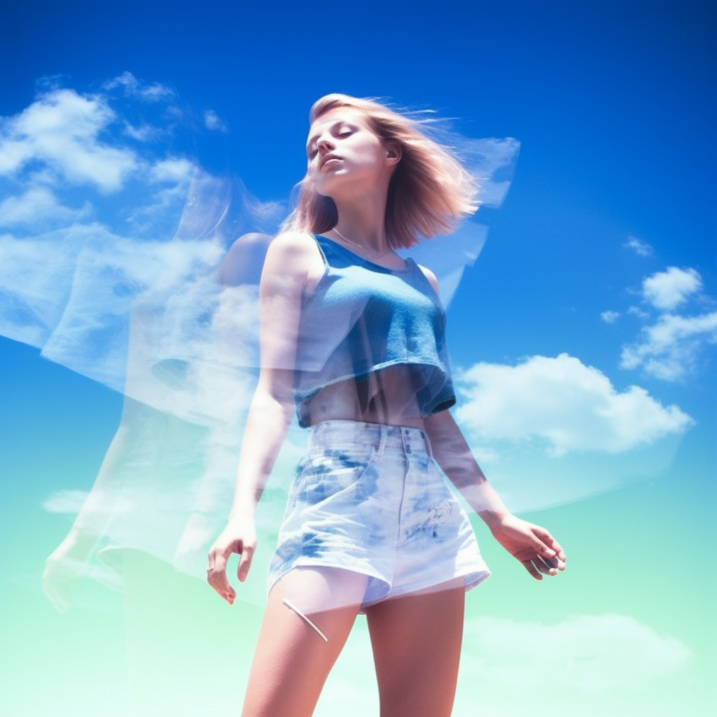 Beautiful woman in double exposure with blue sky