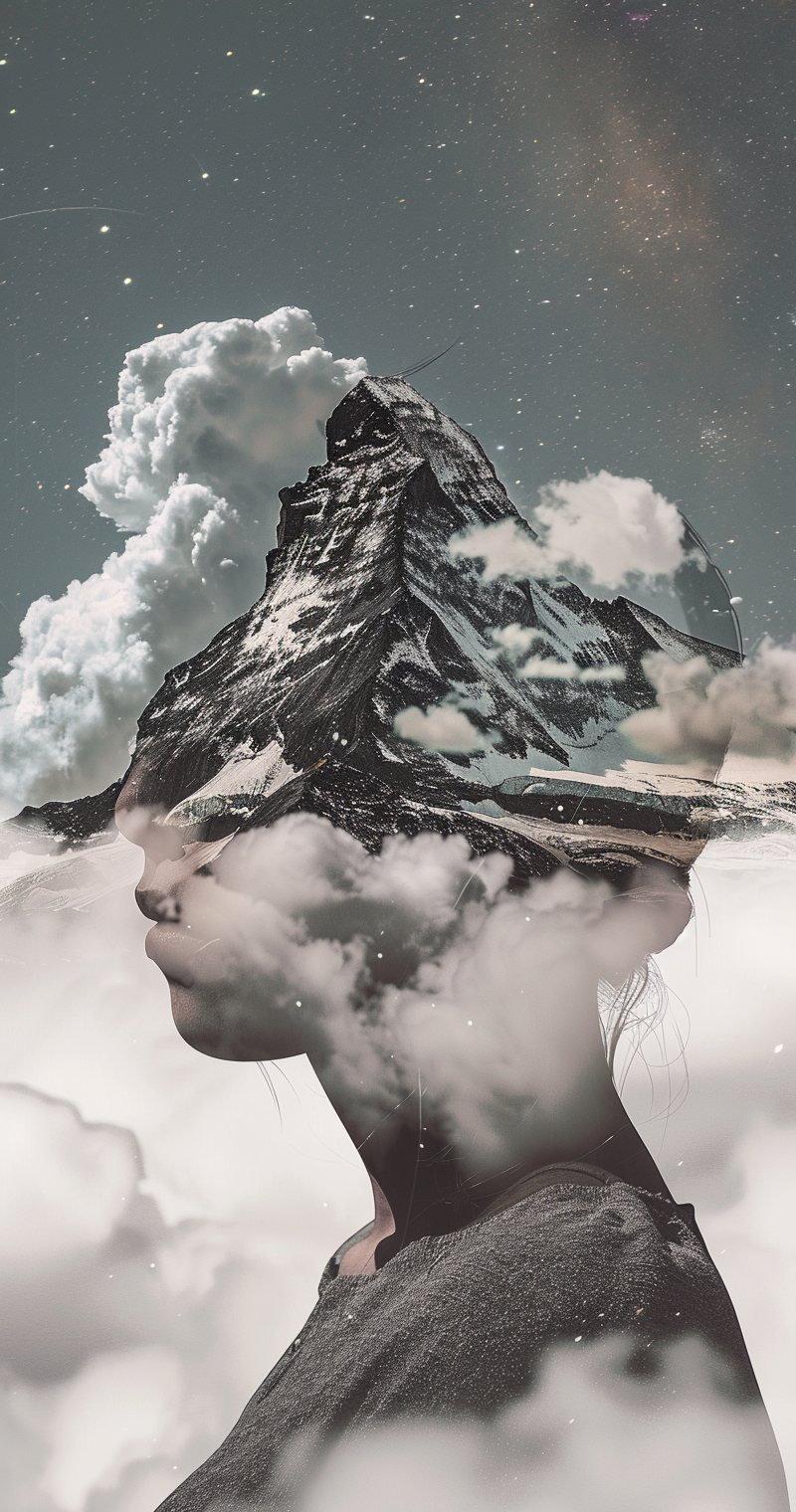 Double exposure portrait mountain clouds peak