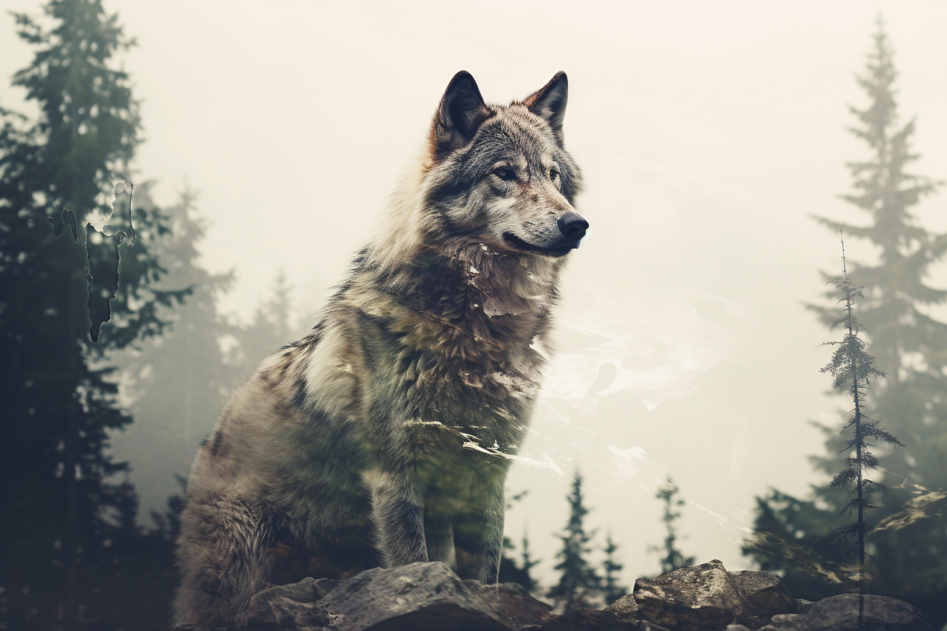 Double exposure wolf photomontage