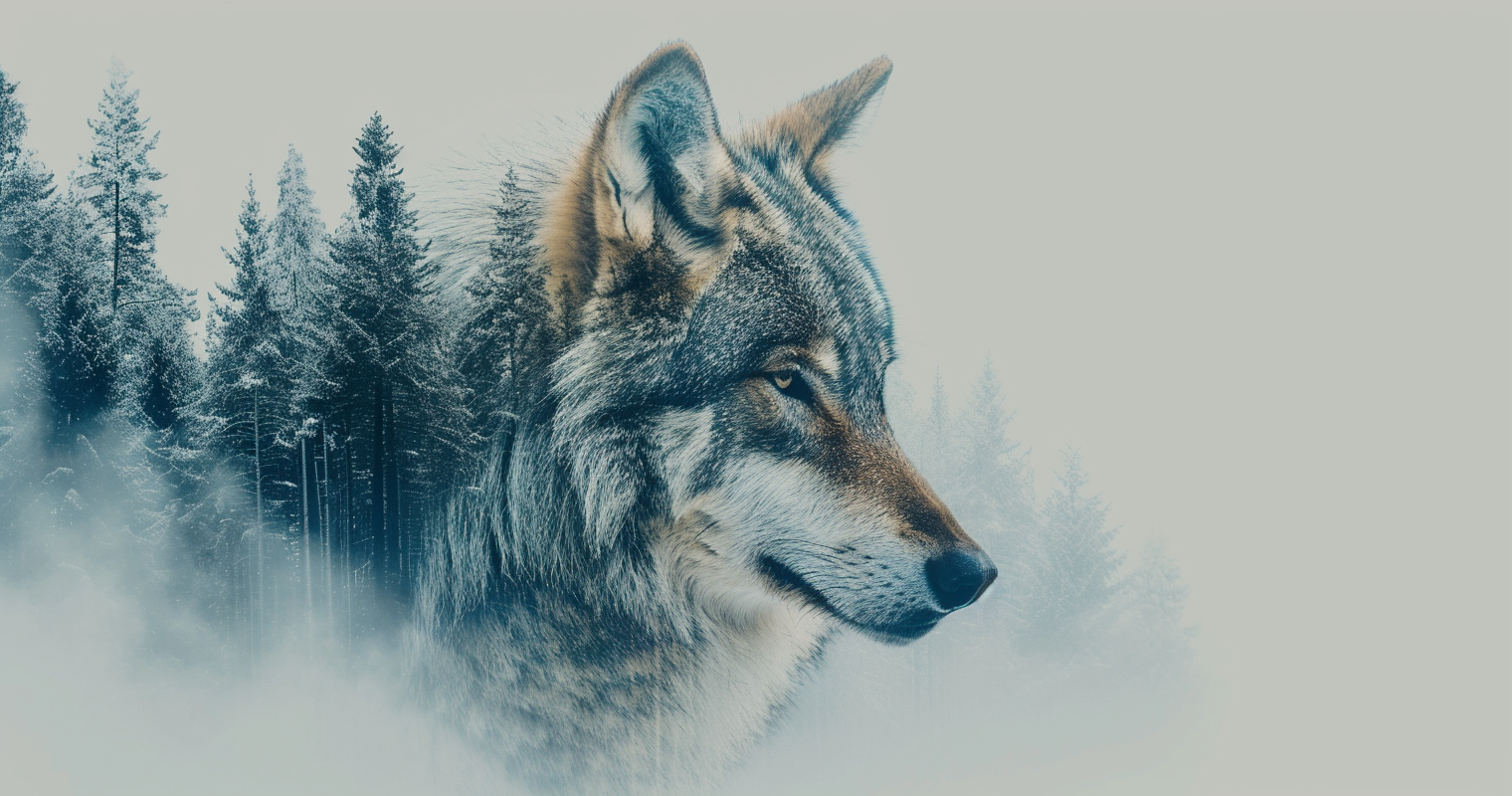 Double exposure of wolf and winter forest