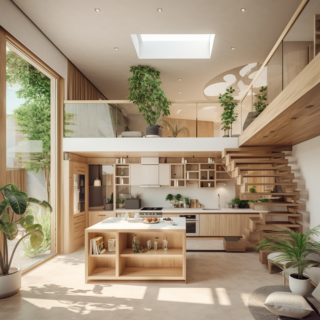 Beautiful double height kitchen with wooden staircase