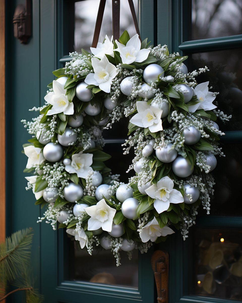 Sophisticated holiday wreath with white ornaments and flowers