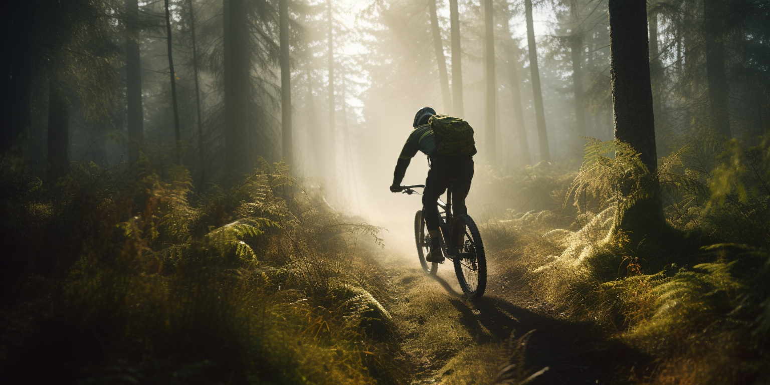 Downhill mountain biker in sunny forest