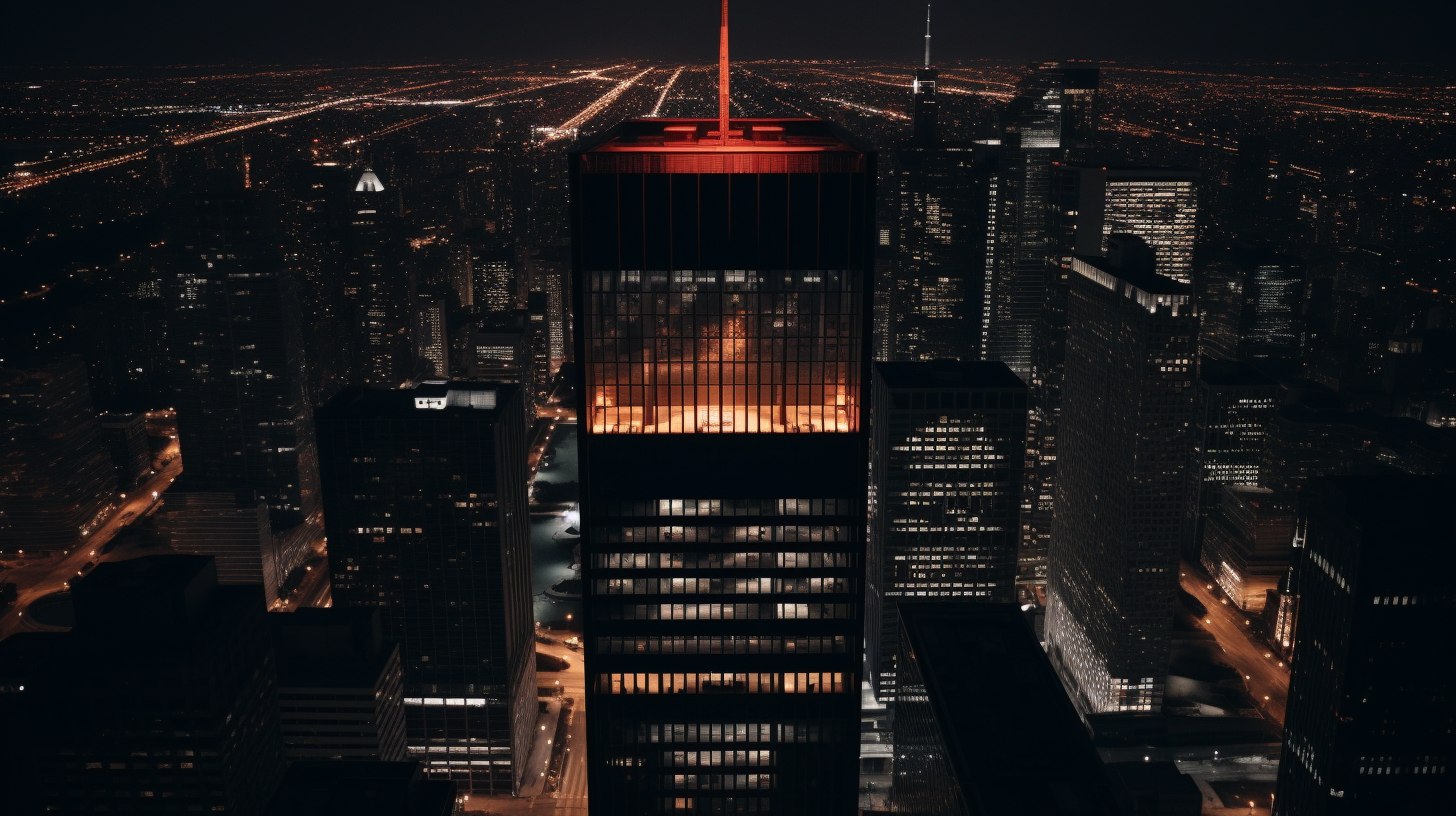 Aerial view of a slender skyscraper in downtown Chicago