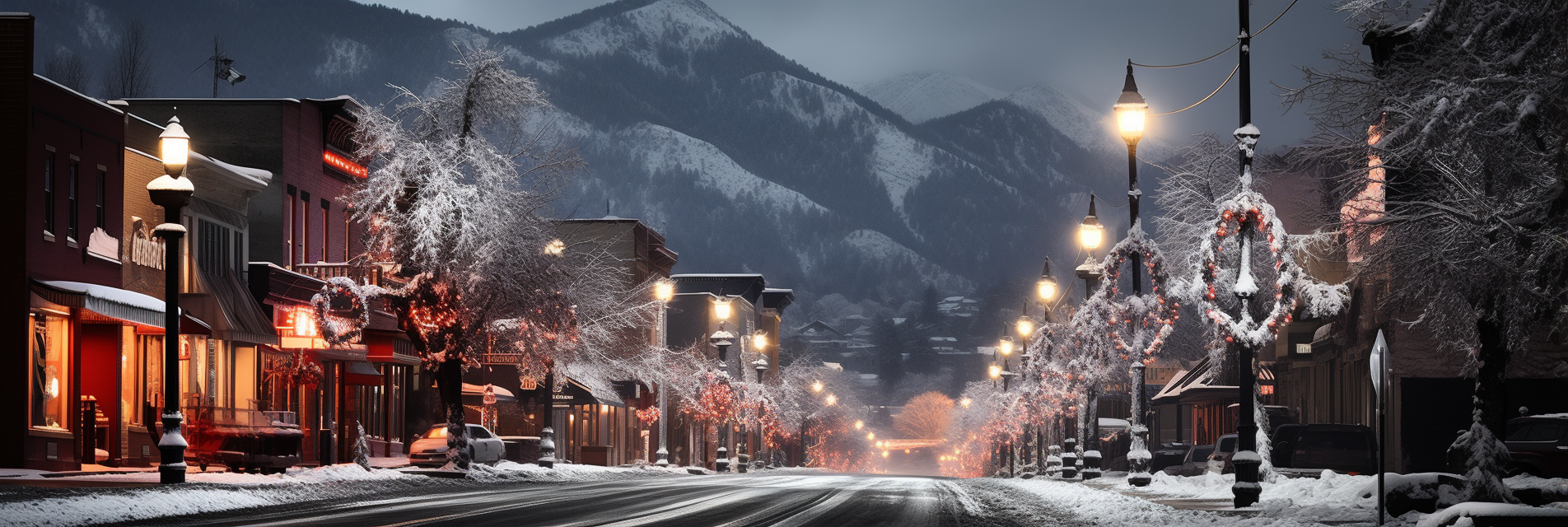 Christmas lights shining in mountain village