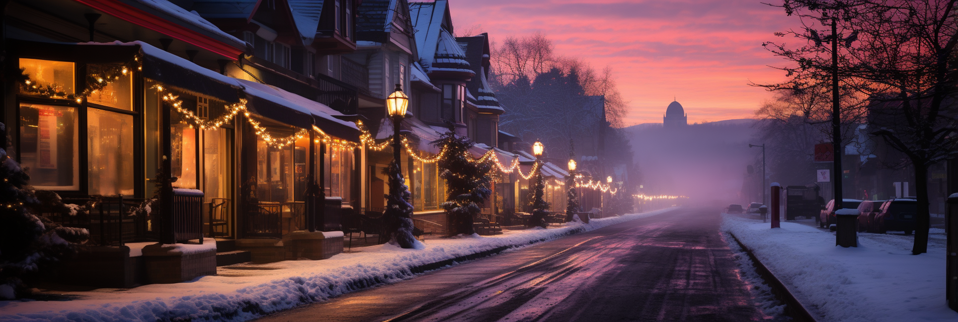 Snow-covered streets with Christmas lights