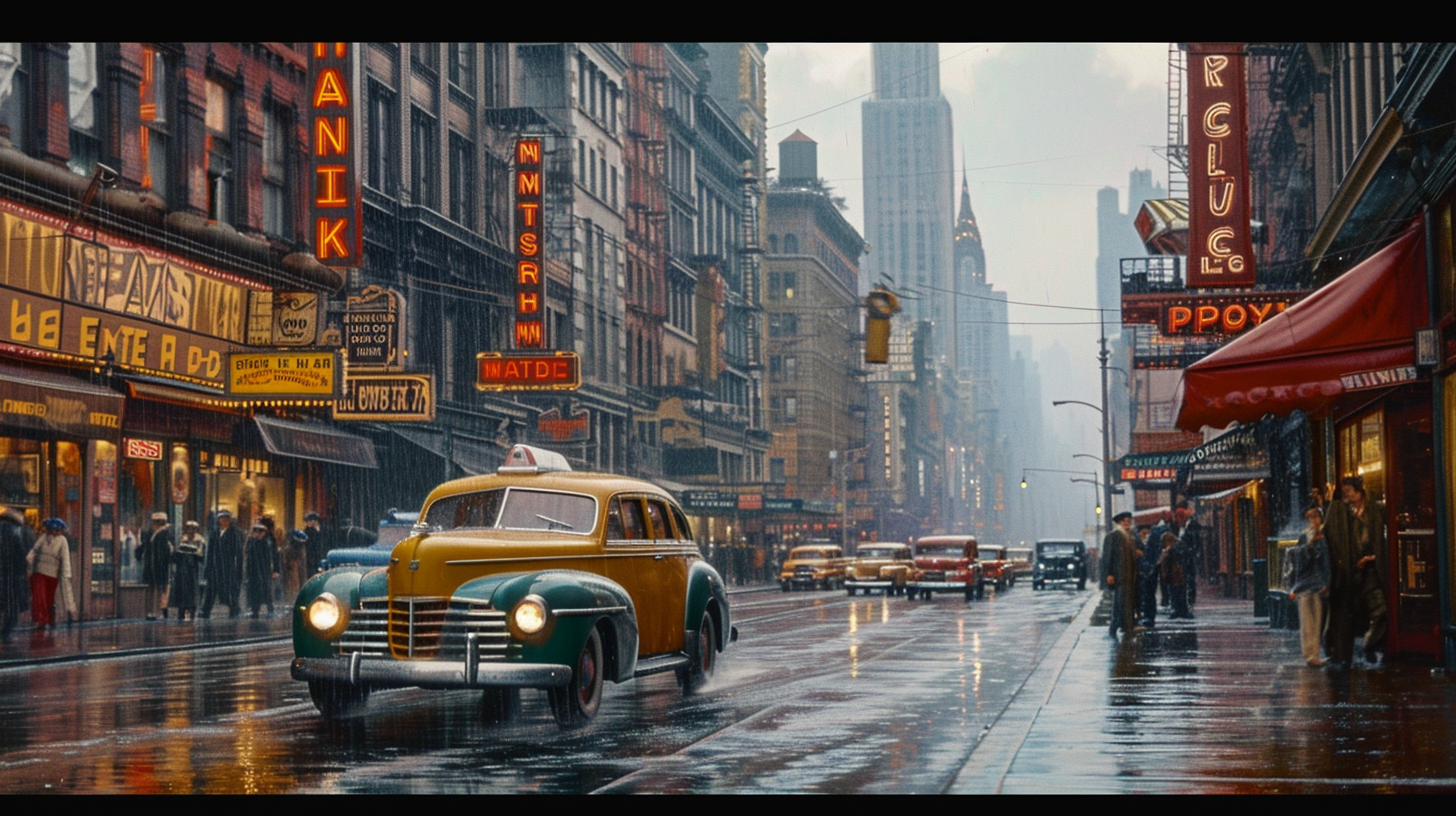 Downtown New York 1940s Hyperrealistic Scene