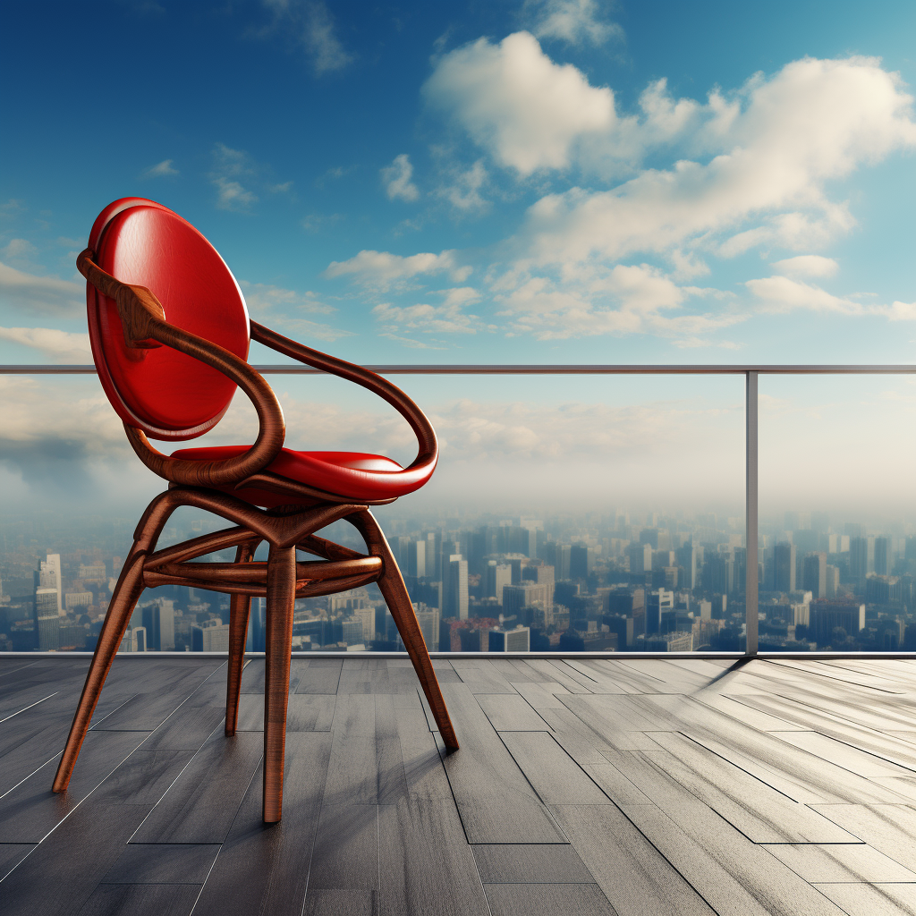 Director-style chair on rooftop overlooking skyscrapers