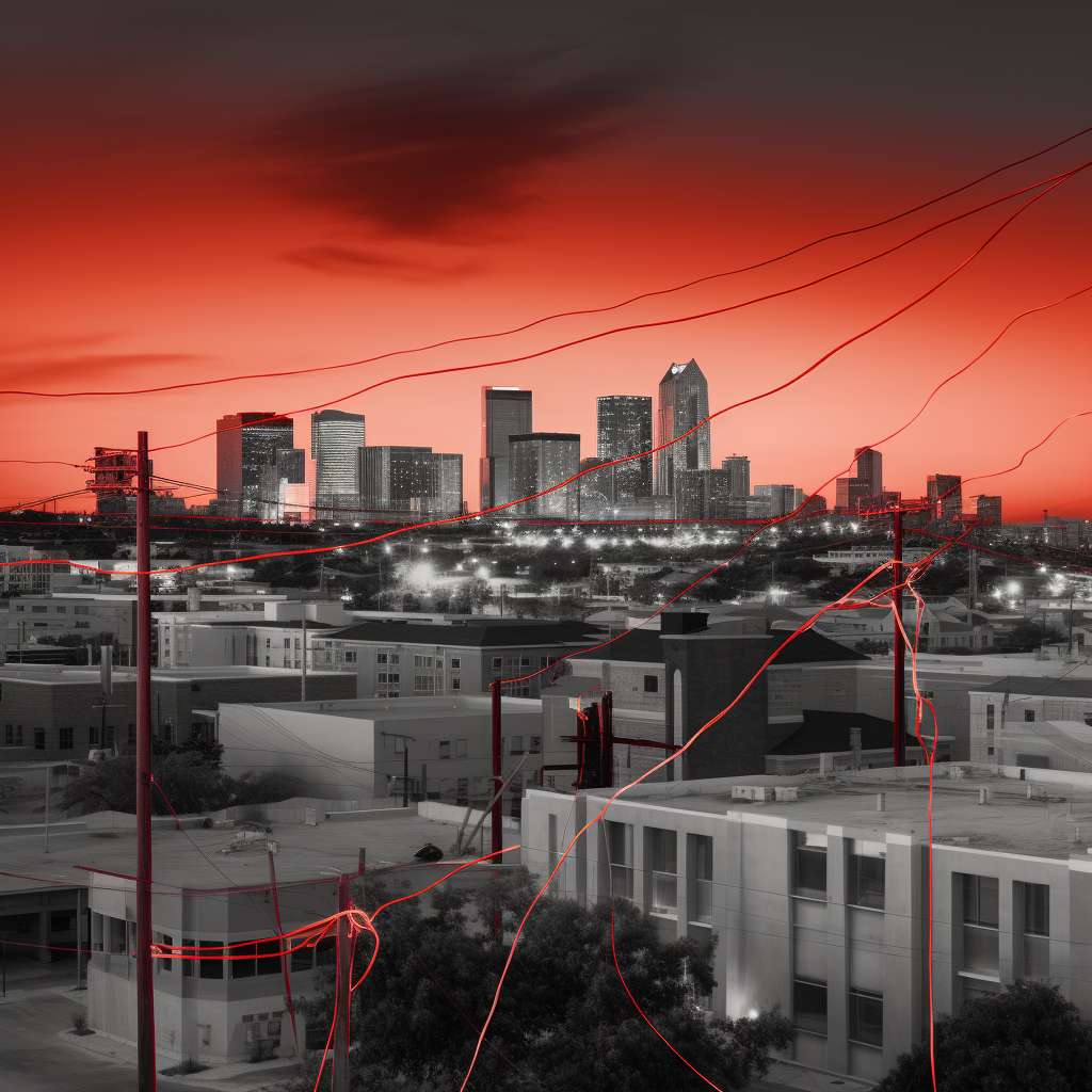 Black and white skyline with red cord and wire