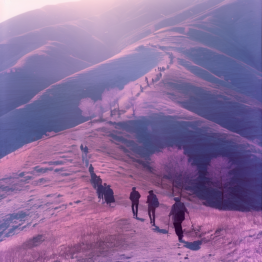 People Walking Up Violet Hill