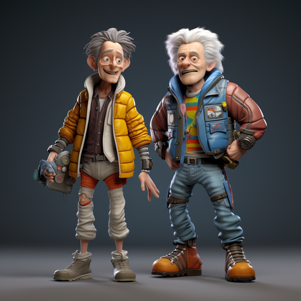 Full body 3D art of Dr. Emmett Brown and Marty McFly