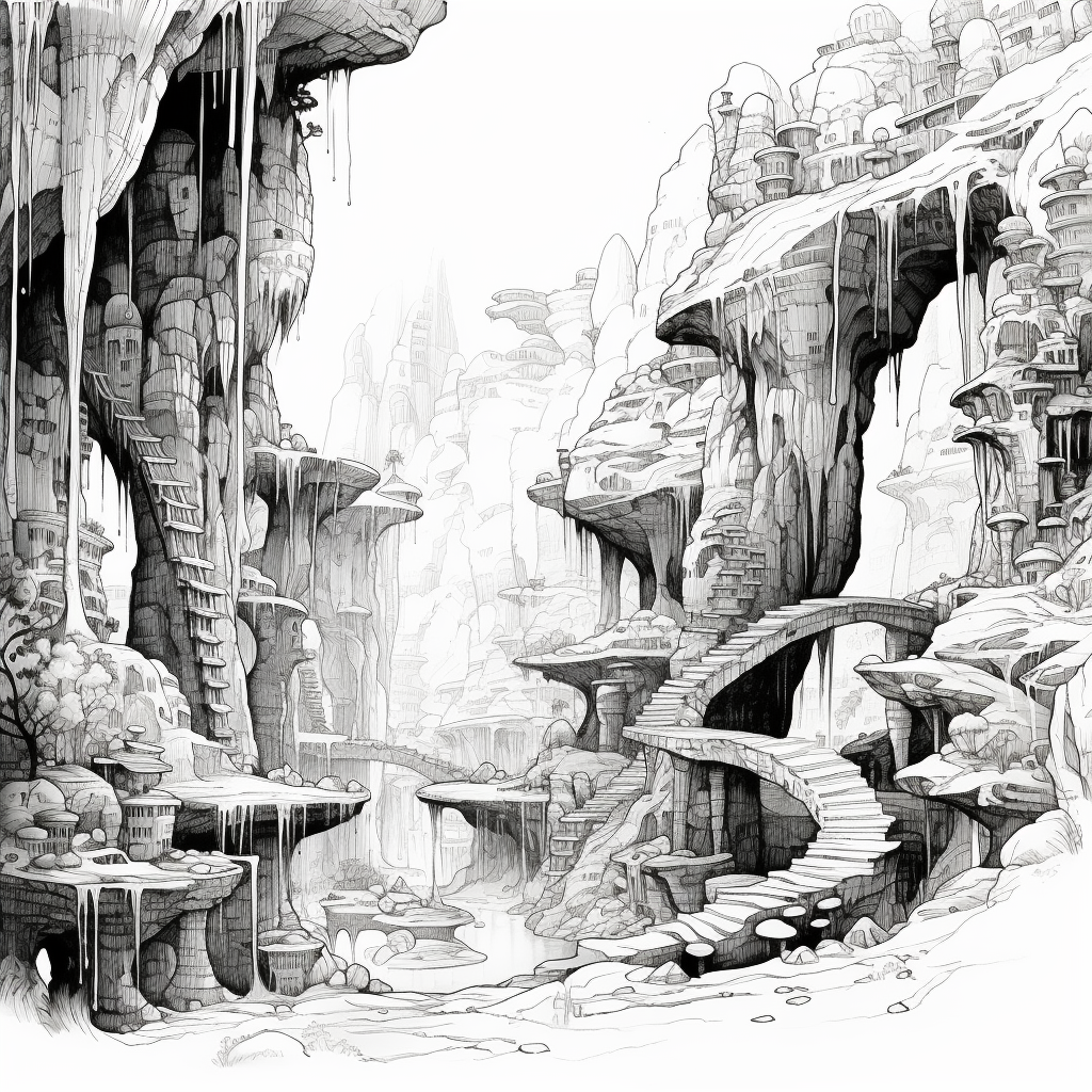 Ink drawing of Dr. Seuss cave theme