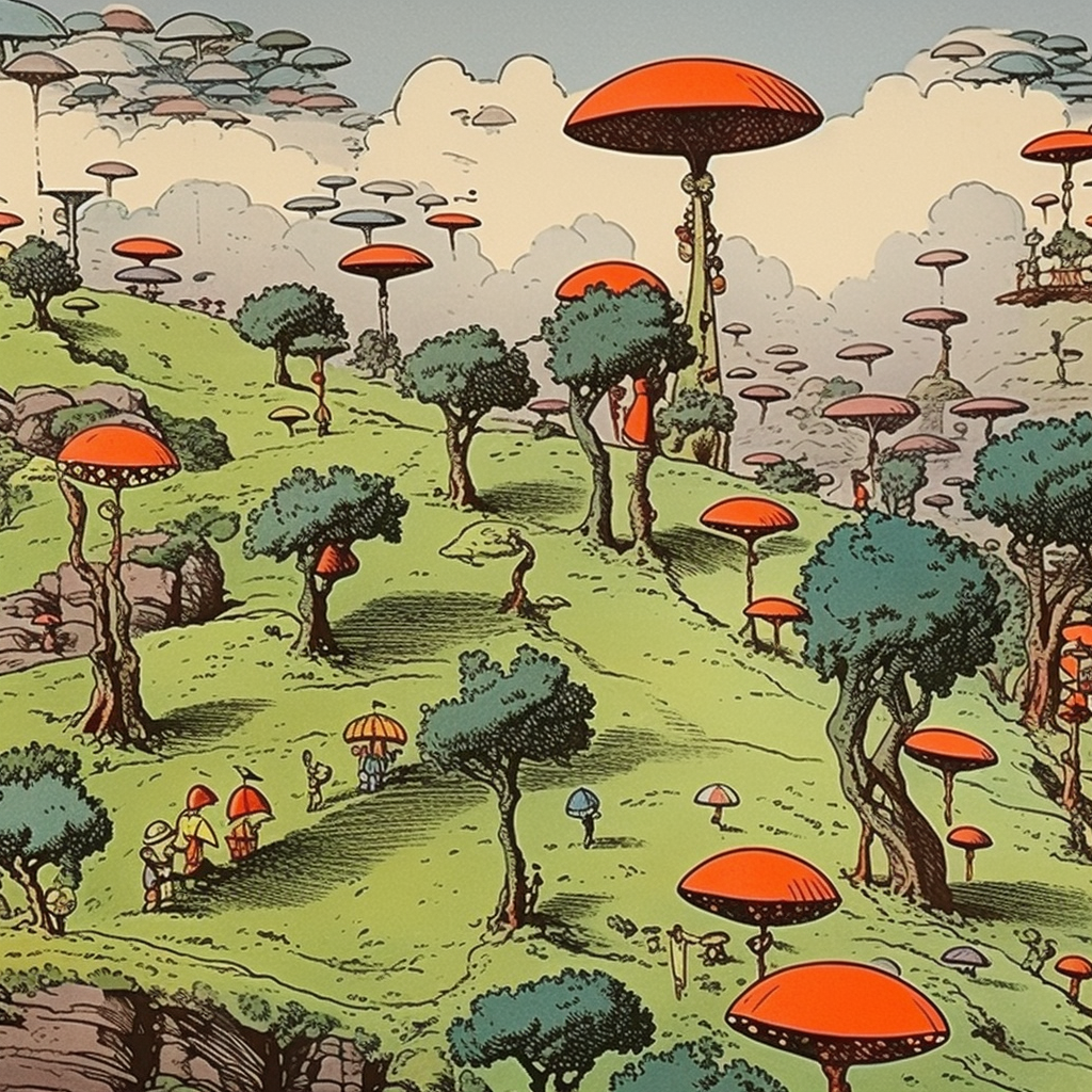 Dr. Seuss-themed hills, trees, umbrellas