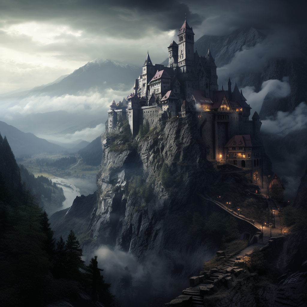 Dracula Castle on High Cliff over Village