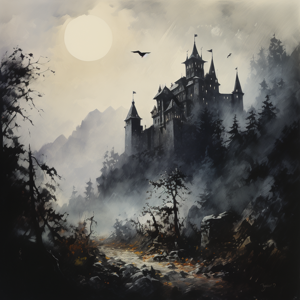 Dracula's castle in mist with vampire